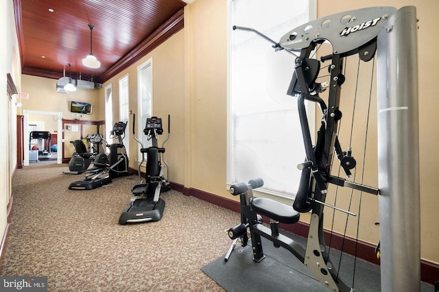 exercise area with carpet flooring and crown molding