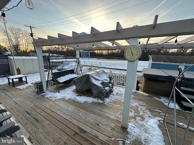 view of dock with a wooden deck and a hot tub