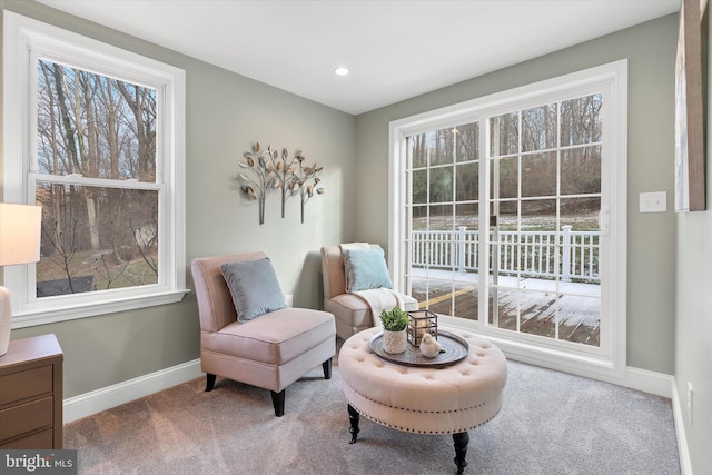 living area featuring a wealth of natural light and carpet floors