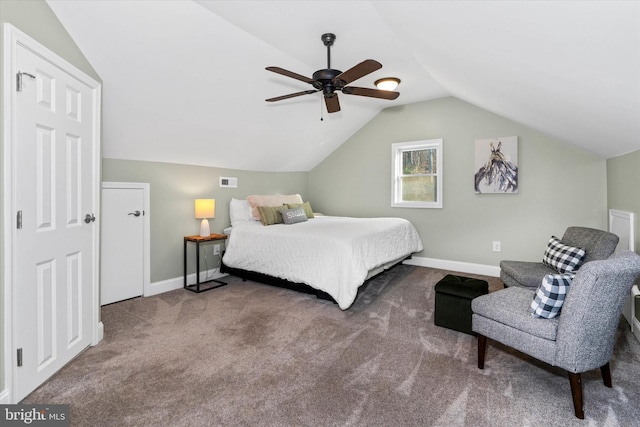 bedroom with carpet, vaulted ceiling, and ceiling fan