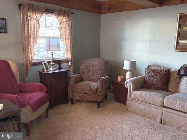 living area with light carpet and beamed ceiling