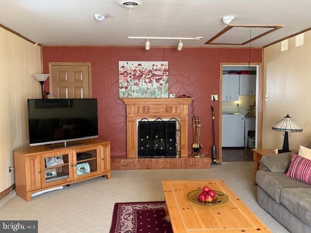 living room featuring washer / dryer and track lighting