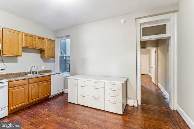 kitchen featuring dishwasher, stove, dark wood-type flooring, and sink