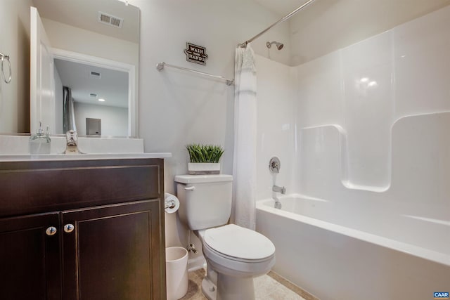 full bathroom with tile patterned flooring, vanity, shower / bath combination with curtain, and toilet