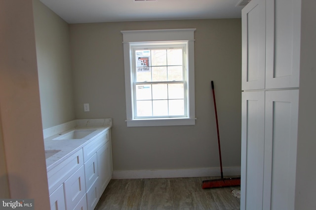 bathroom with vanity and wood-type flooring