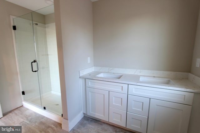 bathroom featuring vanity and a shower with shower door