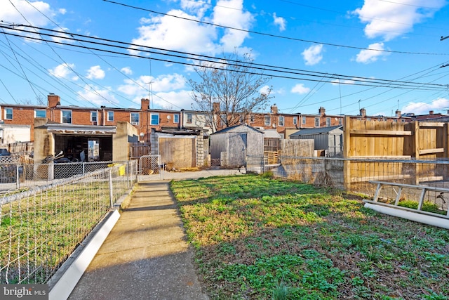 view of yard with a storage shed