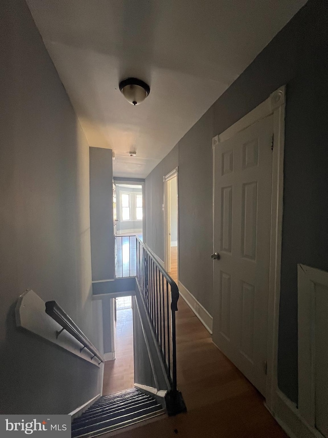 stairs with hardwood / wood-style floors