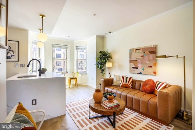 living room with crown molding, visible vents, baseboards, and wood finished floors