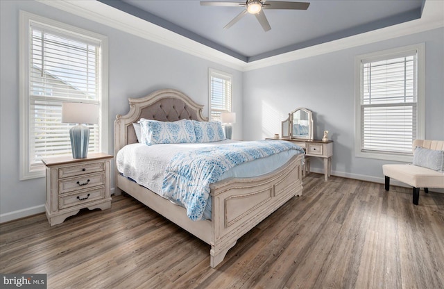 bedroom with ceiling fan, dark hardwood / wood-style flooring, a tray ceiling, and multiple windows