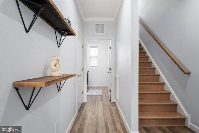 interior space with wood-type flooring and crown molding