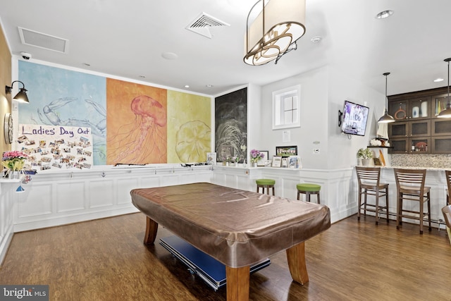 recreation room featuring dark hardwood / wood-style floors and billiards