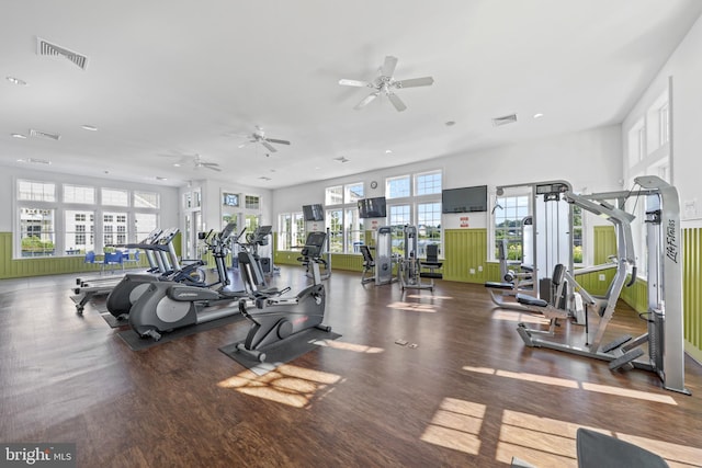 workout area with ceiling fan and dark wood-type flooring