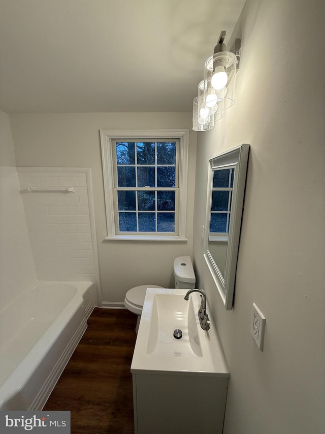 bathroom with wood-type flooring, vanity, and toilet