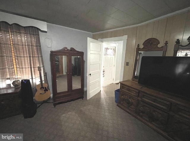 living room featuring wood walls, ornamental molding, and carpet floors