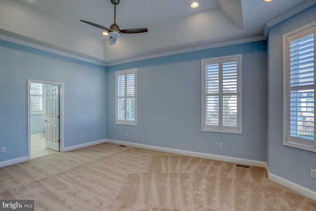 empty room with light colored carpet, a tray ceiling, crown molding, and a healthy amount of sunlight