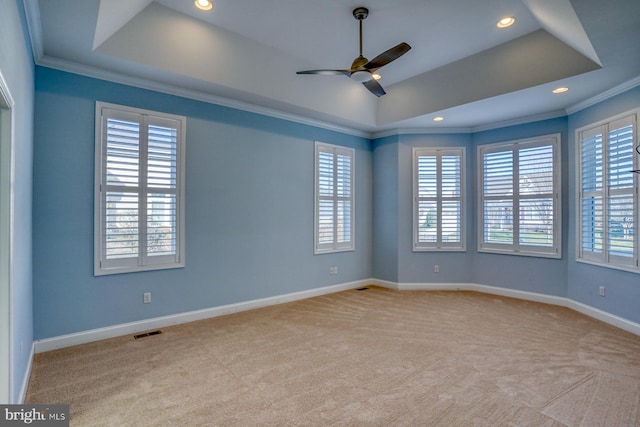 carpeted empty room with ceiling fan, crown molding, and a raised ceiling