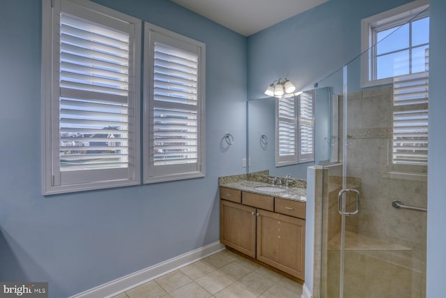 bathroom featuring vanity, a healthy amount of sunlight, walk in shower, and tile patterned flooring