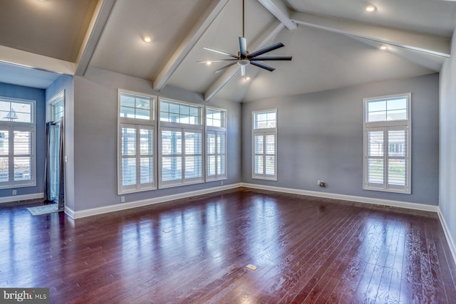 spare room featuring ceiling fan, beamed ceiling, dark wood-type flooring, and high vaulted ceiling