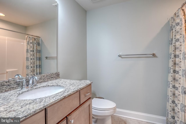 bathroom with walk in shower, toilet, tile patterned floors, and vanity