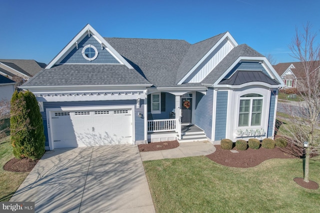 view of front facade with a front yard, a porch, and a garage