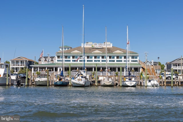 view of dock with a water view