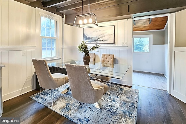 dining area with beamed ceiling, dark hardwood / wood-style flooring, wooden ceiling, and wooden walls