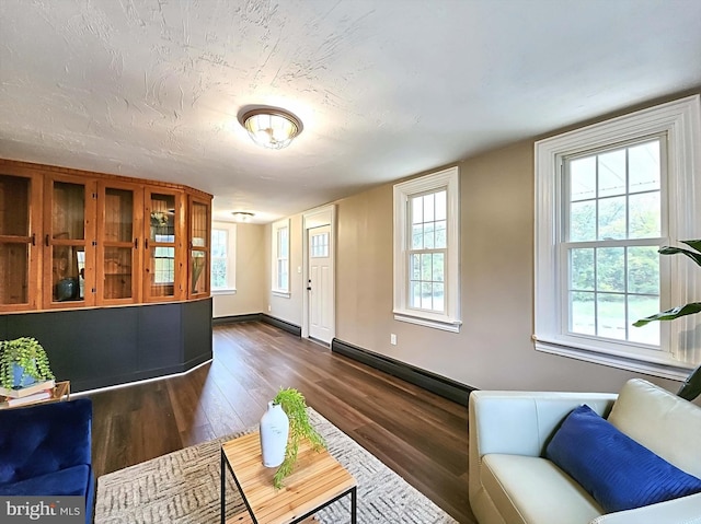 living room with dark hardwood / wood-style flooring and a textured ceiling