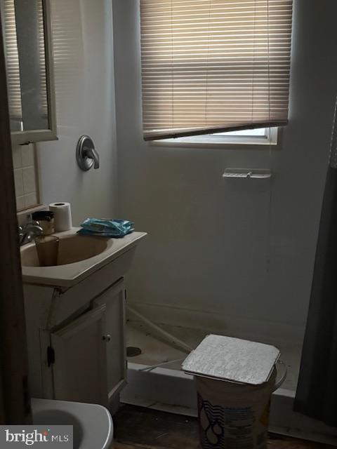 bathroom with walk in shower and sink