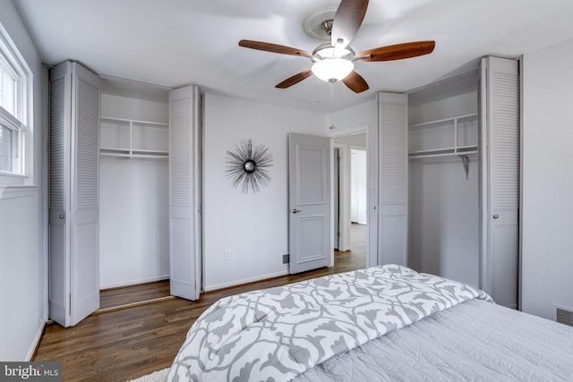 bedroom featuring dark wood-type flooring and ceiling fan