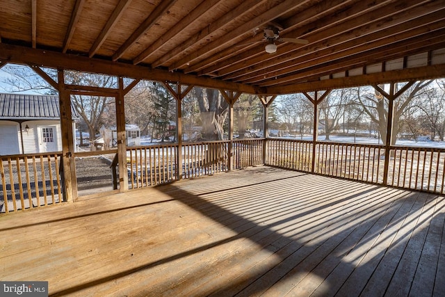 snow covered deck with ceiling fan