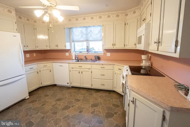 kitchen featuring ceiling fan, white cabinetry, white appliances, and sink