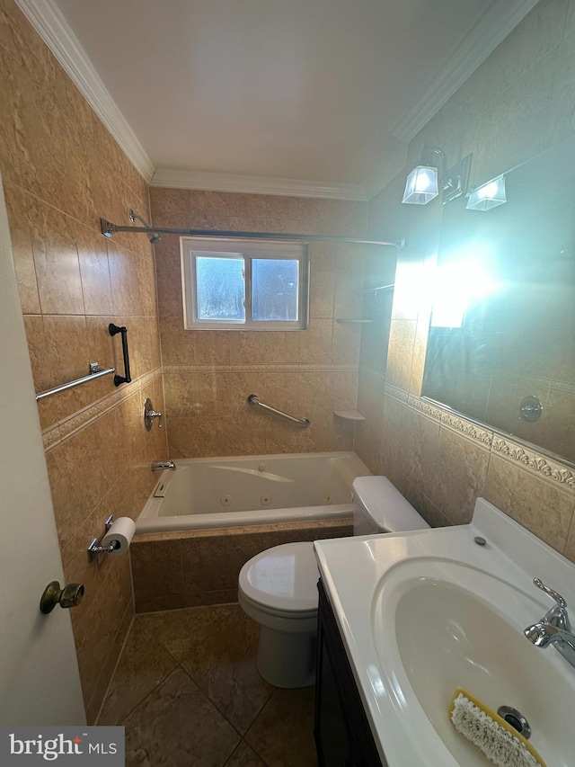 full bathroom with vanity, tile walls, crown molding, and tiled shower / bath