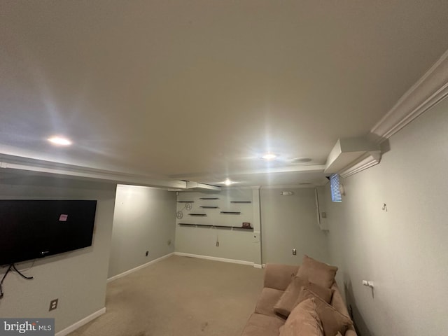 basement featuring ornamental molding and carpet