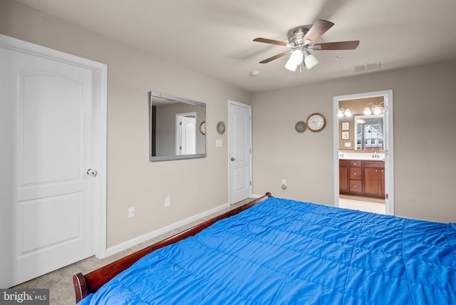 carpeted bedroom featuring connected bathroom and ceiling fan