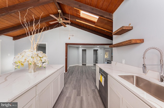 kitchen with vaulted ceiling with beams, light hardwood / wood-style flooring, wooden ceiling, and sink