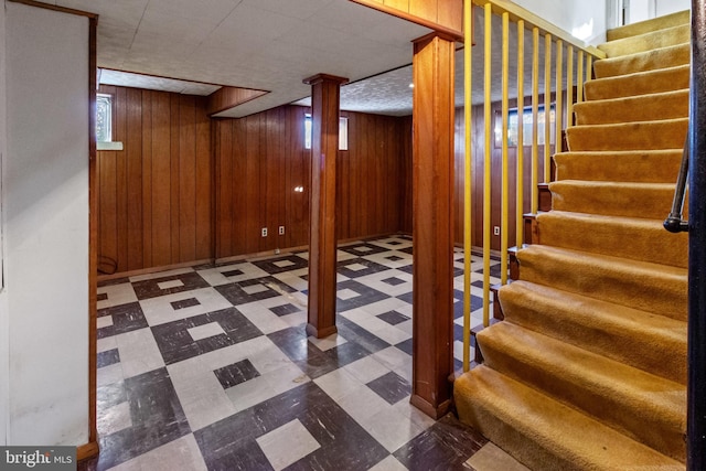 basement with wood walls