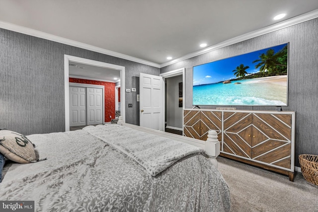 carpeted bedroom featuring a closet and ornamental molding