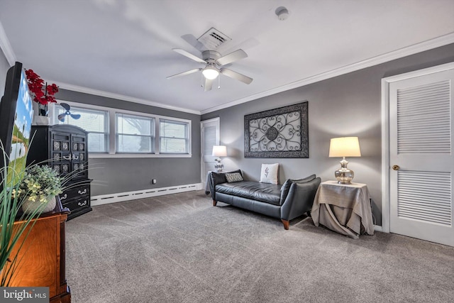 living area featuring baseboard heating, ceiling fan, ornamental molding, and dark colored carpet