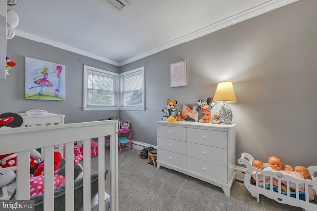 carpeted bedroom with ornamental molding