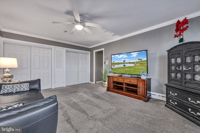 living room with carpet flooring, ceiling fan, and ornamental molding