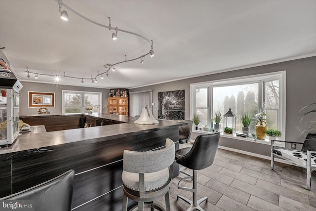 bar featuring a wealth of natural light and crown molding