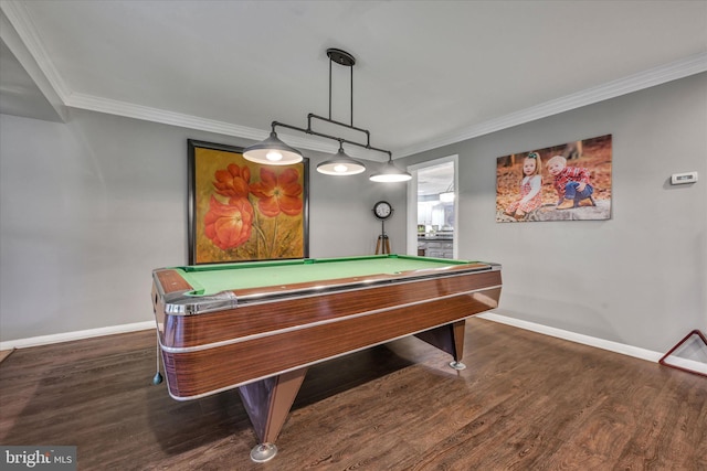 rec room featuring dark hardwood / wood-style floors, ornamental molding, and pool table