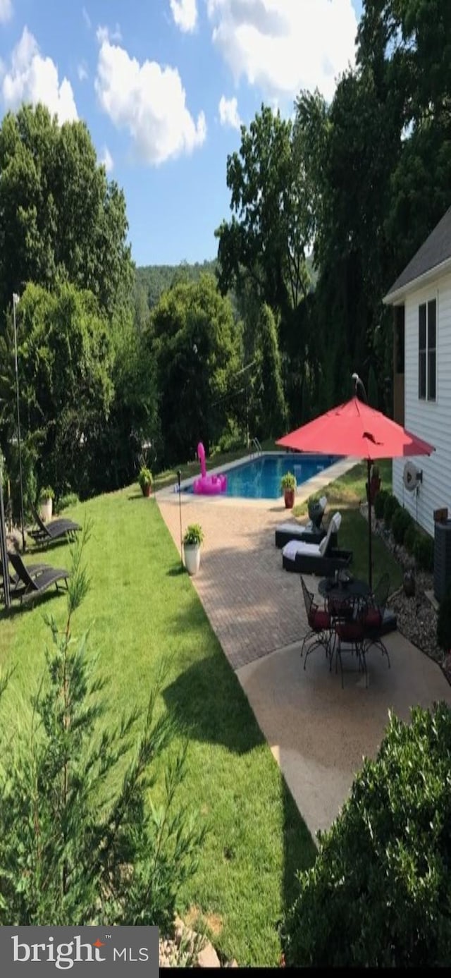 view of swimming pool featuring a lawn and a patio