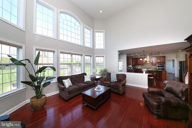 living room featuring dark hardwood / wood-style floors, a towering ceiling, and a wealth of natural light