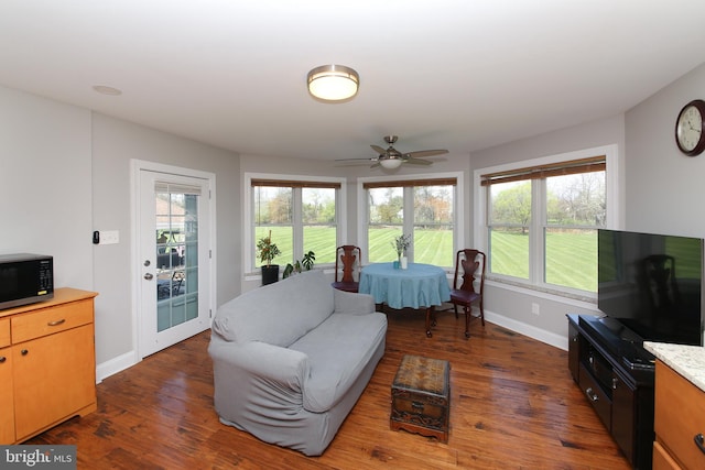 living room featuring a healthy amount of sunlight, ceiling fan, and dark wood-type flooring