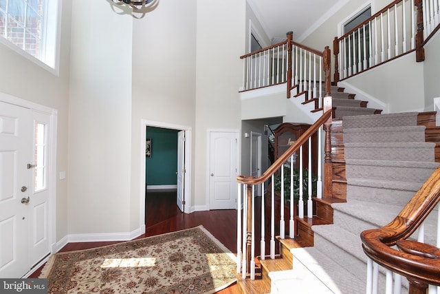 entrance foyer featuring plenty of natural light, a towering ceiling, and dark hardwood / wood-style floors