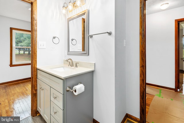 bathroom with hardwood / wood-style floors and vanity