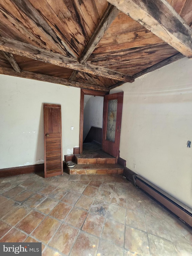 interior space featuring a baseboard radiator and wooden ceiling