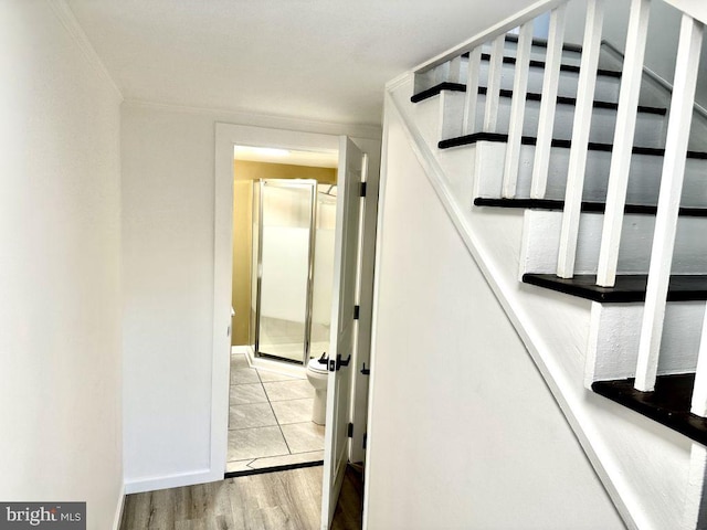 staircase with wood-type flooring